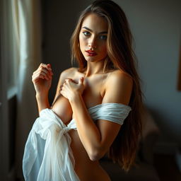 A beautiful, extremely slender young woman, exuding a seductive aura, in the process of undressing in a softly lit room