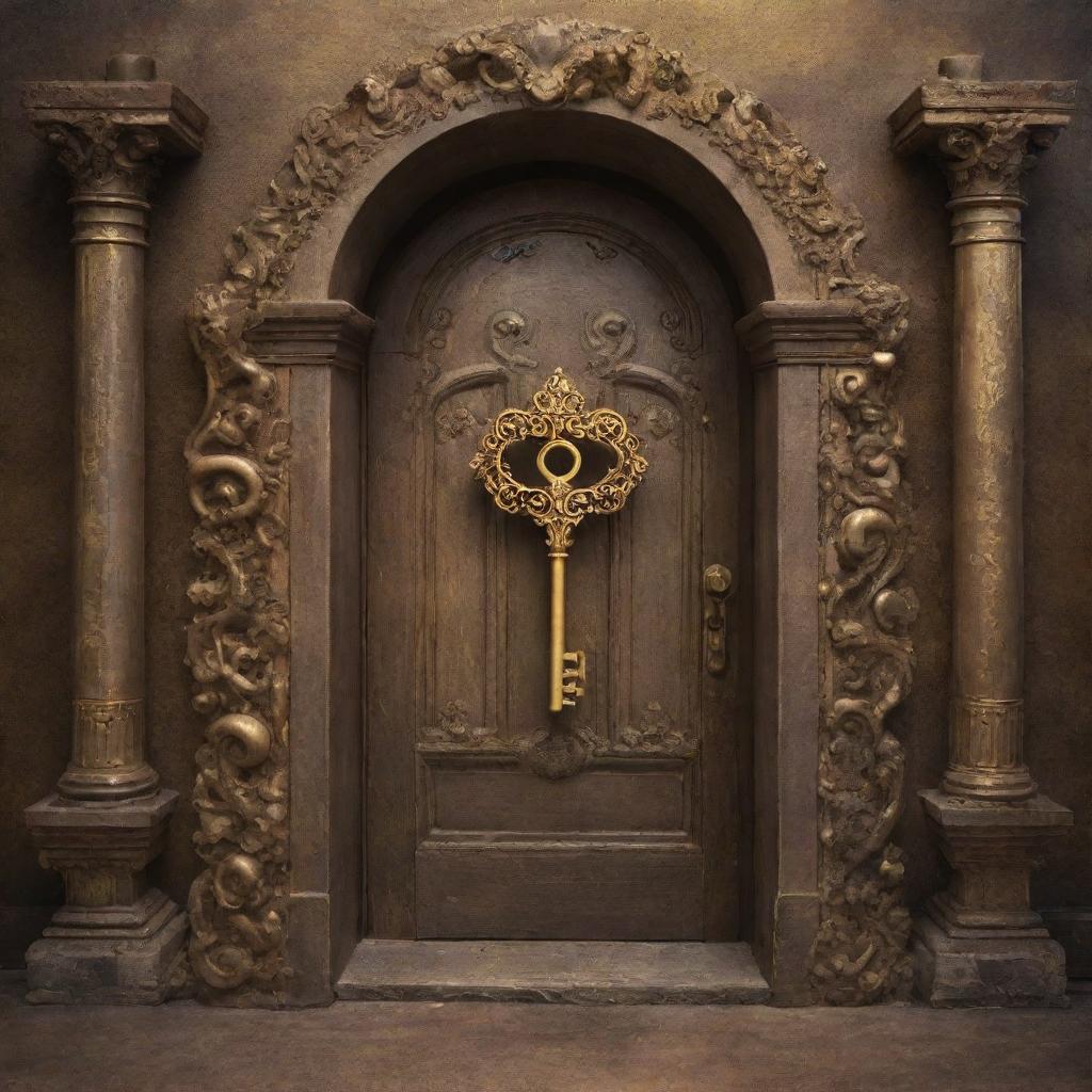 An intricate golden key, symbolizing philosophy, unlocking a grand old door embellished with symbols of knowledge, thought bubbles, question marks, ancient scrolls, and philosophical icons leading into a cosmic hallway filled with books and swirling nebulae.