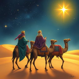 The three wise men from the East travel on their camels under a starry sky, with twinkling stars above and a bright shining star leading the way