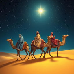 The three wise men from the East travel on their camels under a starry sky, with twinkling stars above and a bright shining star leading the way