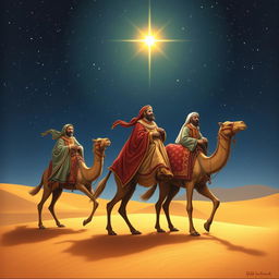 The three wise men from the East travel on their camels under a starry sky, with twinkling stars above and a bright shining star leading the way