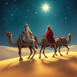 The three wise men from the East travel on their camels under a starry sky, with twinkling stars above and a bright shining star leading the way