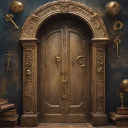 An intricate golden key, symbolizing philosophy, unlocking a grand old door embellished with symbols of knowledge, thought bubbles, question marks, ancient scrolls, and philosophical icons leading into a cosmic hallway filled with books and swirling nebulae.