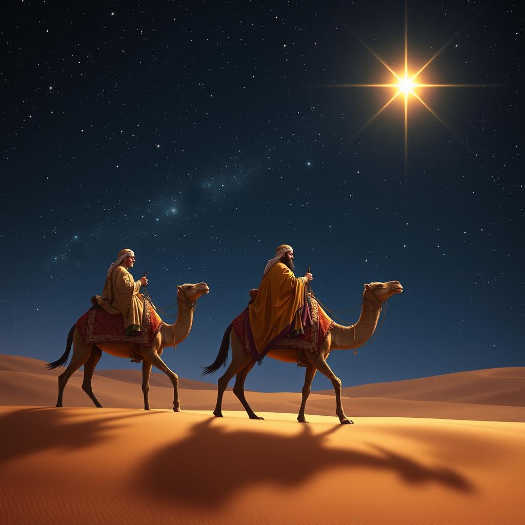 The three wise men from the East are journeying on their camels under a vast starry sky