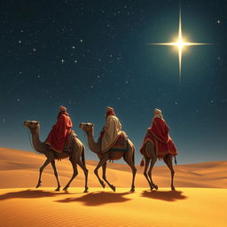 The three wise men from the East are journeying on their camels under a vast starry sky