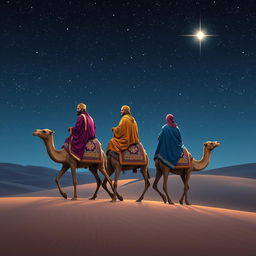 The three wise men from the East are journeying on their camels under a vast starry sky