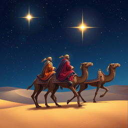 The three wise men from the East are journeying on their camels under a vast starry sky
