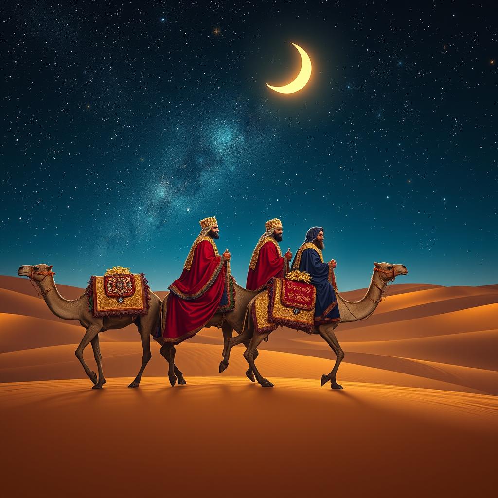 The Three Wise Men, elegantly dressed in rich, flowing robes adorned with gold and jewels, journeying on majestic camels across an expansive desert landscape