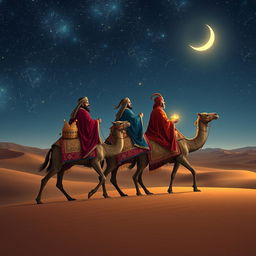 The Three Wise Men, elegantly dressed in rich, flowing robes adorned with gold and jewels, journeying on majestic camels across an expansive desert landscape