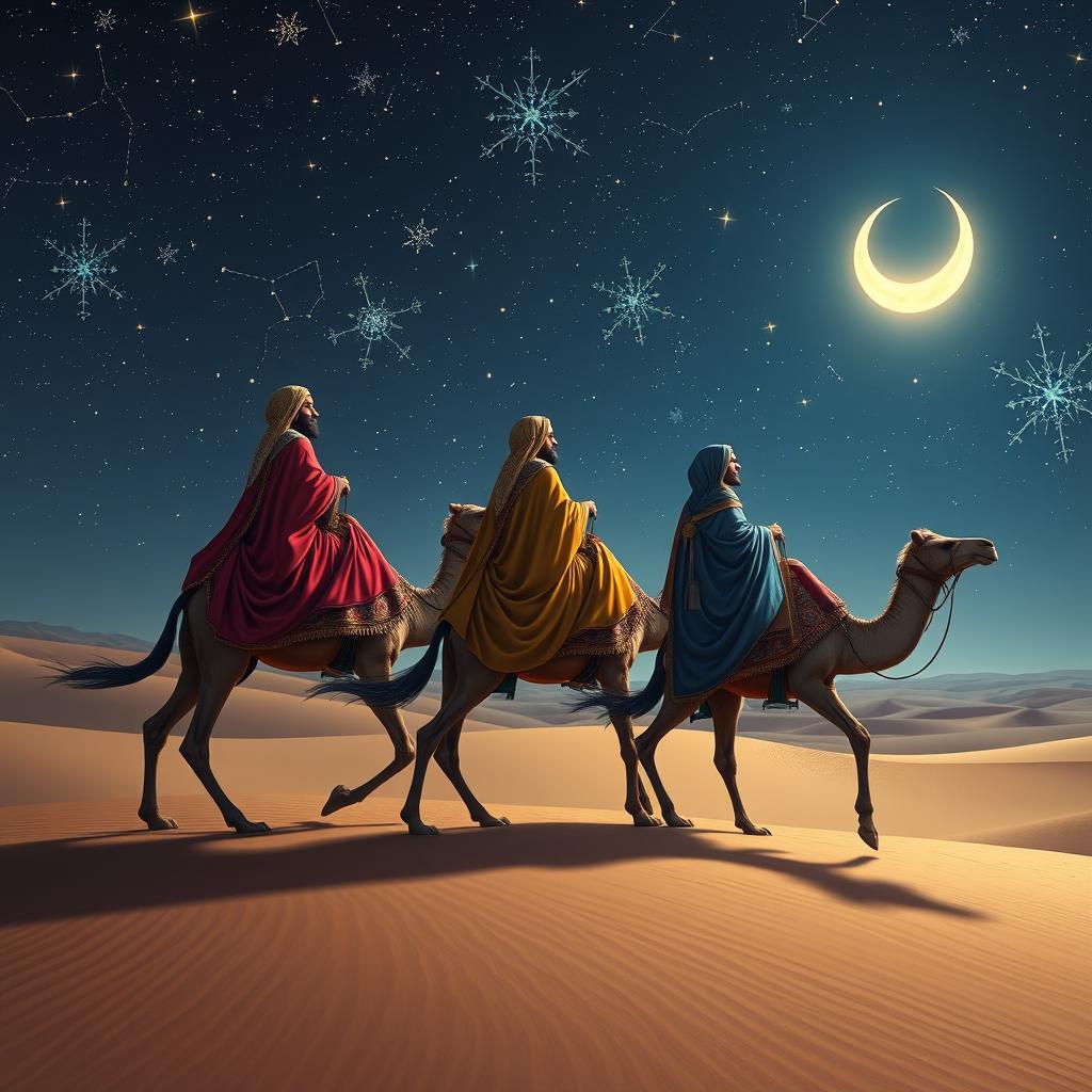 The Three Wise Men, elegantly dressed in rich, flowing robes adorned with gold and jewels, journeying on majestic camels across an expansive desert landscape