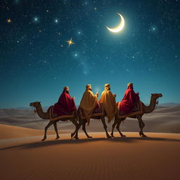 The Three Wise Men, elegantly dressed in rich, flowing robes adorned with gold and jewels, journeying on majestic camels across an expansive desert landscape