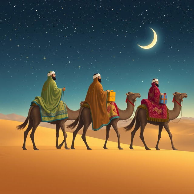 The Three Wise Men from the East, adorned in luxurious, flowing robes embellished with intricate patterns and vibrant colors, journeying on elegant camels through a tranquil desert landscape