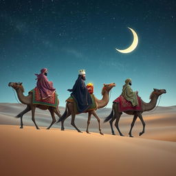 The Three Wise Men from the East, adorned in luxurious, flowing robes embellished with intricate patterns and vibrant colors, journeying on elegant camels through a tranquil desert landscape