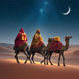 The Three Wise Men from the East, adorned in luxurious, flowing robes embellished with intricate patterns and vibrant colors, journeying on elegant camels through a tranquil desert landscape