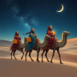 The Three Wise Men from the East, adorned in luxurious, flowing robes embellished with intricate patterns and vibrant colors, journeying on elegant camels through a tranquil desert landscape