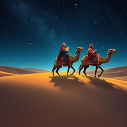 The three wise men from the East traveling on their camels through a starry night sky, with a sense of mystique and wonder in the air