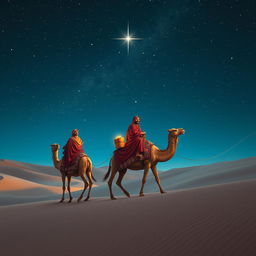 The three wise men from the East traveling on their camels through a starry night sky, with a sense of mystique and wonder in the air