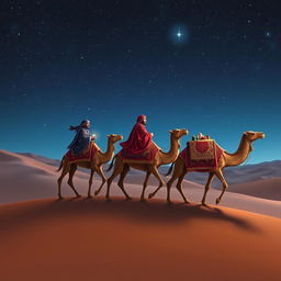 The three wise men from the East traveling on their camels through a starry night sky, with a sense of mystique and wonder in the air