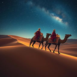 The three wise men from the East traveling on their camels through a starry night sky, with a sense of mystique and wonder in the air