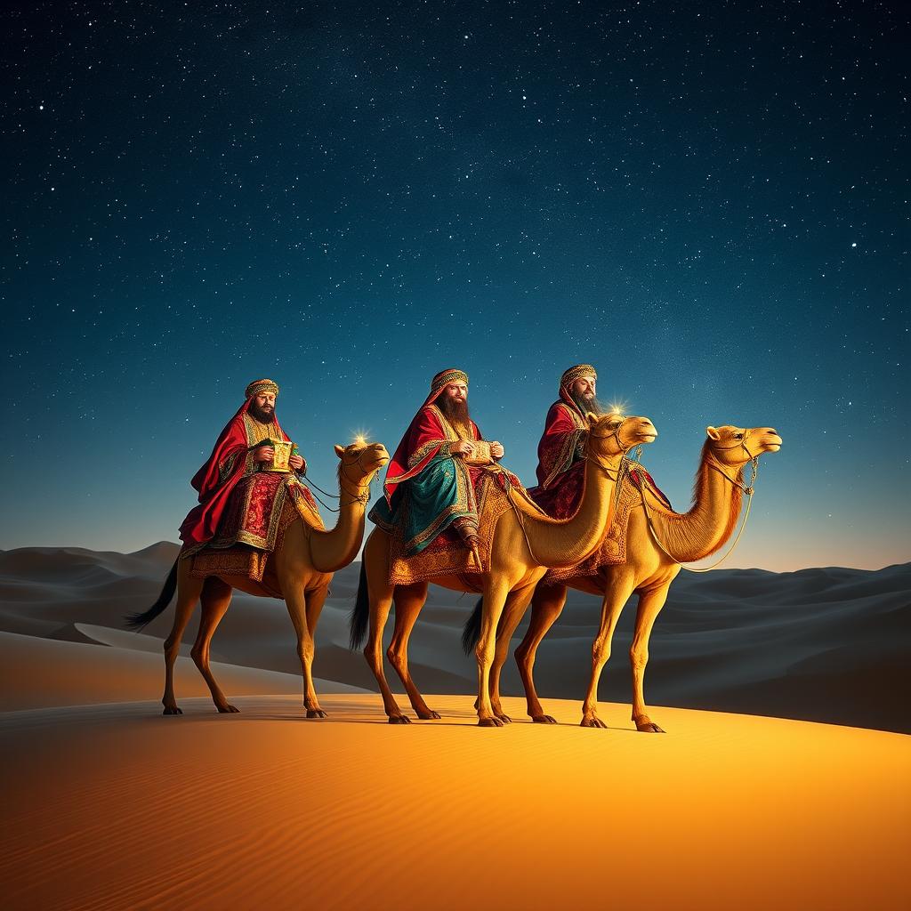 The three wise men from the East journeying on their camels under a starry night sky, exuding an aura of mystery and adventure