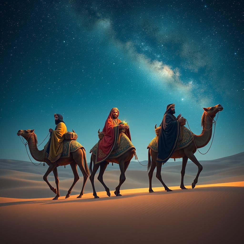 The three wise men from the East journeying on their camels under a starry night sky, exuding an aura of mystery and adventure