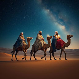 The three wise men from the East journeying on their camels under a starry night sky, exuding an aura of mystery and adventure