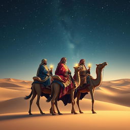 The three wise men from the East journeying on their camels under a starry night sky, exuding an aura of mystery and adventure