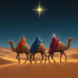 The three wise men of the east, elegantly dressed in colorful, flowing robes, journeying on their majestic camels through a vast desert landscape under a starry night sky