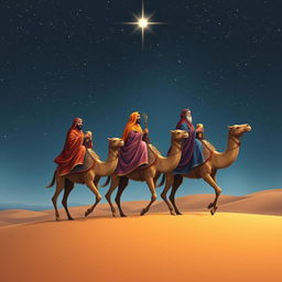 The three wise men of the east, elegantly dressed in colorful, flowing robes, journeying on their majestic camels through a vast desert landscape under a starry night sky