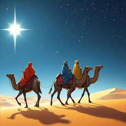 The three wise men of the east, elegantly dressed in colorful, flowing robes, journeying on their majestic camels through a vast desert landscape under a starry night sky