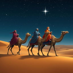 The three wise men of the east, elegantly dressed in colorful, flowing robes, journeying on their majestic camels through a vast desert landscape under a starry night sky