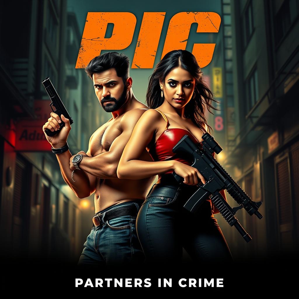 An action-romantic film poster featuring a male and female Indian criminal duo in a dynamic pose