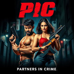 An action-romantic film poster featuring a male and female Indian criminal duo in a dynamic pose