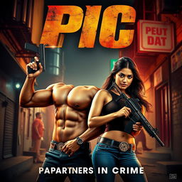 An action-romantic film poster featuring a male and female Indian criminal duo in a dynamic pose