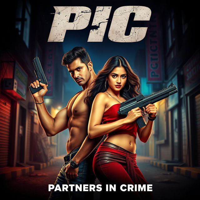 An action-romantic film poster featuring a male and female Indian criminal duo in a dynamic pose