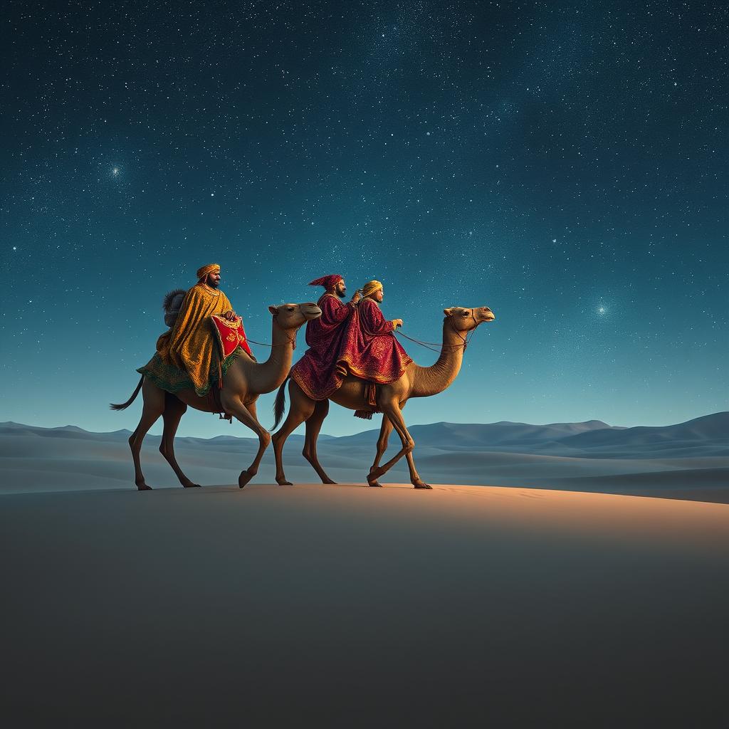 The three magi of the east, adorned in richly detailed robes with intricate patterns, riding their impressive camels across an expansive, tranquil desert landscape beneath a breathtaking starry sky