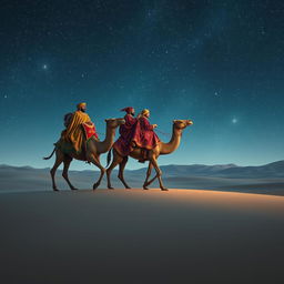 The three magi of the east, adorned in richly detailed robes with intricate patterns, riding their impressive camels across an expansive, tranquil desert landscape beneath a breathtaking starry sky