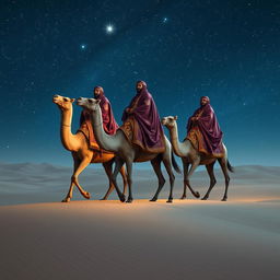 The three magi of the east, adorned in richly detailed robes with intricate patterns, riding their impressive camels across an expansive, tranquil desert landscape beneath a breathtaking starry sky