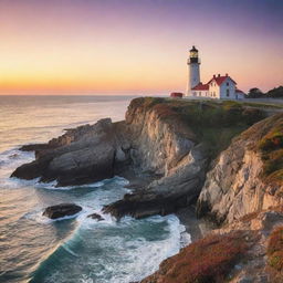 A serene, calming view of an old lighthouse perched along a rugged coastline, with the sun setting in a splendid array of colors.