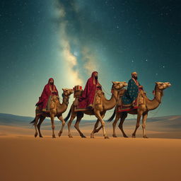 The three magi of the east, adorned in richly detailed robes with intricate patterns, riding their impressive camels across an expansive, tranquil desert landscape beneath a breathtaking starry sky