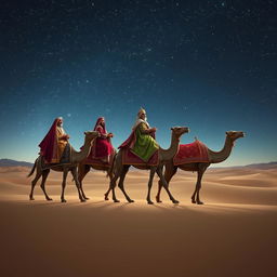 The three magi of the east, adorned in richly detailed robes with intricate patterns, riding their impressive camels across an expansive, tranquil desert landscape beneath a breathtaking starry sky