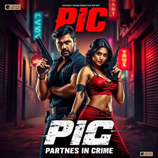 An action-packed romantic film poster featuring a male and female Indian criminal duo