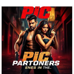 An action-packed romantic film poster featuring a male and female Indian criminal duo