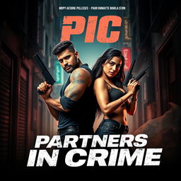 An action-packed romantic film poster featuring a male and female Indian criminal duo