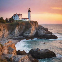 A serene, calming view of an old lighthouse perched along a rugged coastline, with the sun setting in a splendid array of colors.