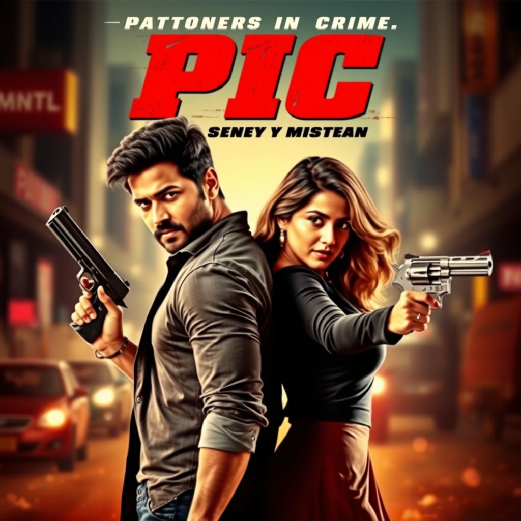 An action-packed romantic film poster featuring a male and female Indian criminal couple, both exuding confidence and charisma