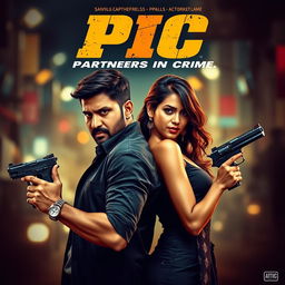 An action-packed romantic film poster featuring a male and female Indian criminal couple, both exuding confidence and charisma