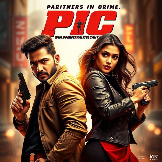 An action-packed romantic film poster featuring a male and female Indian criminal couple, both exuding confidence and charisma