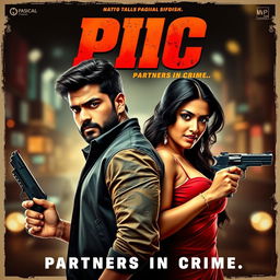 An action-packed romantic film poster featuring a male and female Indian criminal couple, both exuding confidence and charisma