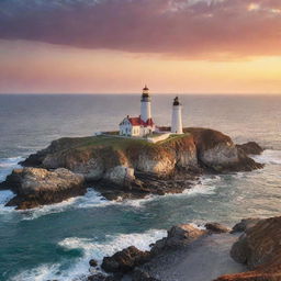 A serene, calming view of an old lighthouse perched along a rugged coastline, with the sun setting in a splendid array of colors.